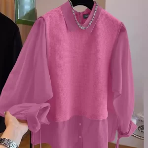 ZANZEA Plus Size Waffle Patchwork Blouses Women Spring Autumn Long Sleeve Collared Fake Two-Pieces Shirts Lazy Loose Tops 5XL