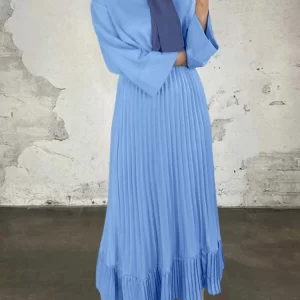 ZANZEA Muslim Modest Hijabs Long Dresses for Woman Elegant Long Sleeve High Waist Pleated Eid Dress Solid Color Party Maxi Dress