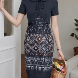 ZANZEA Bohemian Women Elegant Knee-length Dresses Peter-Pan Collar Short Sleeve Ethnic Print Patchwork Slim-Fit Woman Clothing