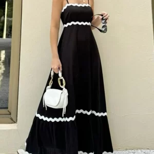 ZANZEA Women Fashion Spaghetti Straps Party Maxi Dresses Contrast -Color Ribbon Patchwork Sleeveless A-Line Dress Wedding Guest